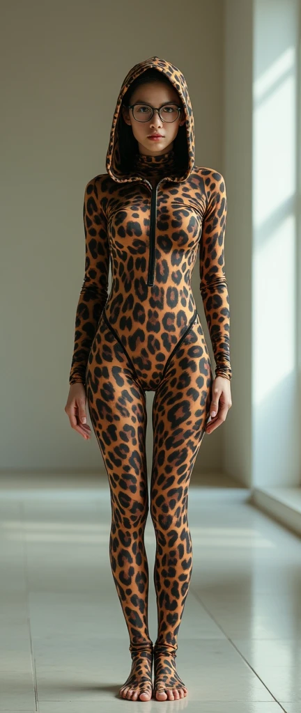 a most beautiful and thin 32 years old chinese contortion woman is wearing a pair of glasses wears leopard lycra footed turtleneck unitard catsuit.She always wear leopard unitard hijab-like hood.She is the most beautiful and has beautiful cheeks.
