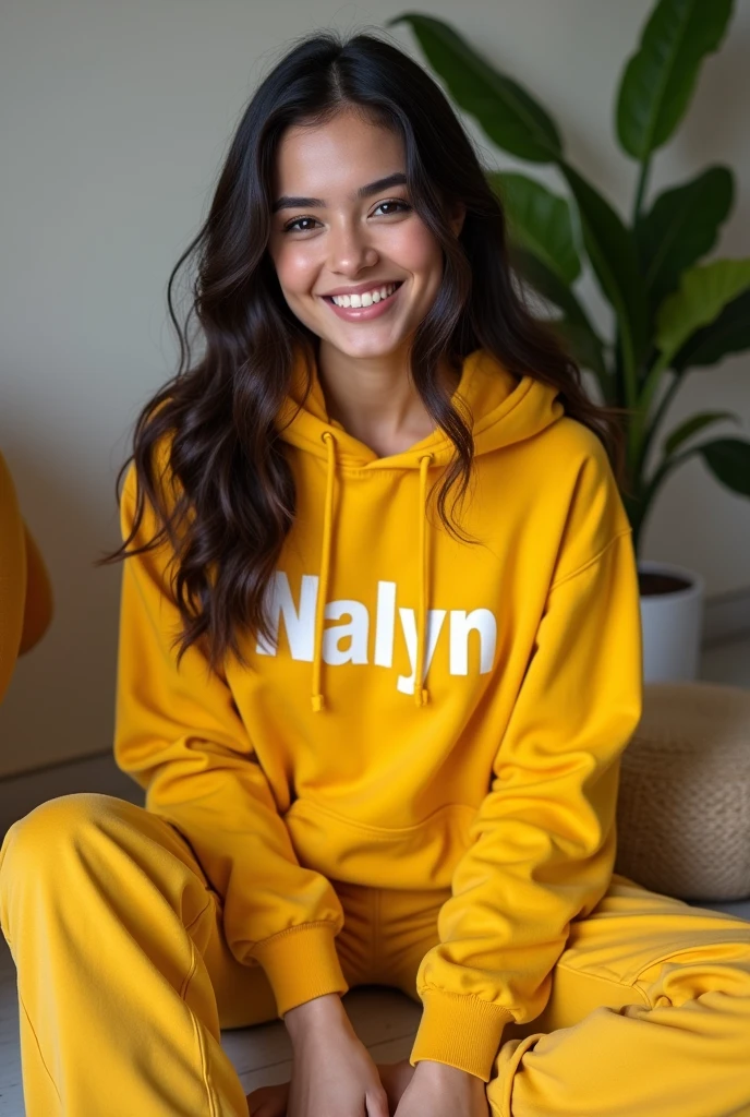 real one pinay women beautiful with hoodies yellow printed name "nalyn" with pants shoes sitting in floor 