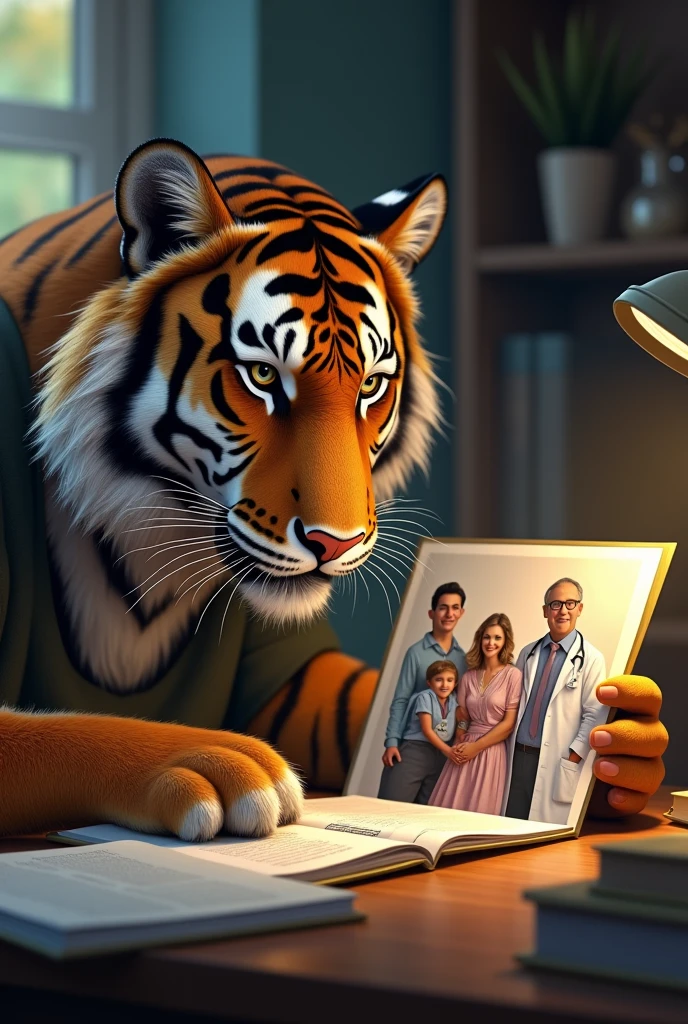 University tiger looks at the photo of a family of tigers and with the doctor dad
