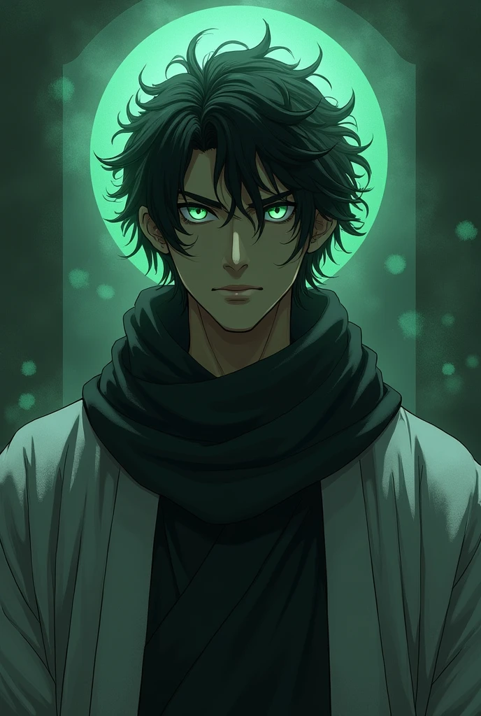 tasiho period Japanese man, dark aesthetic, moody, eerie, aura, menacing, intimidating, mature, overwhelming presence, spiritual pressure, cool guy, stern look, short curly black hair, four green eyes, black scarf, white haori, black undershirt