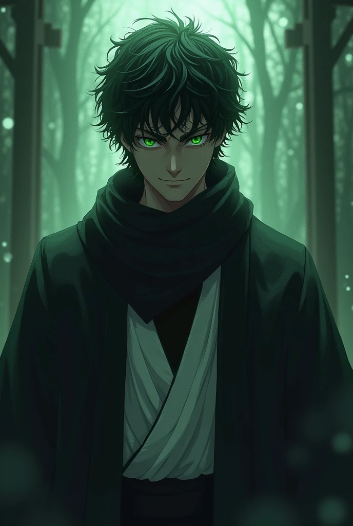 tasiho period Japanese man, dark aesthetic, moody, eerie, aura, menacing, intimidating, mature, overwhelming presence, spiritual pressure, cool guy, stern look, short curly black hair,  four green eyes, black scarf, white haori, black undershirt