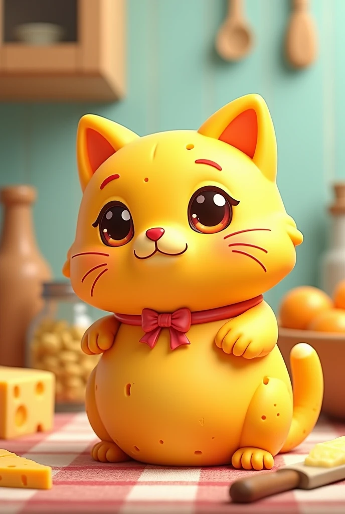 Create a cat that is made out of cheese in a cartoony chibi style