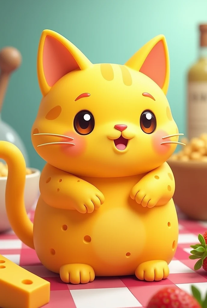 Create a cat that is made out of cheese in a cartoony chibi style