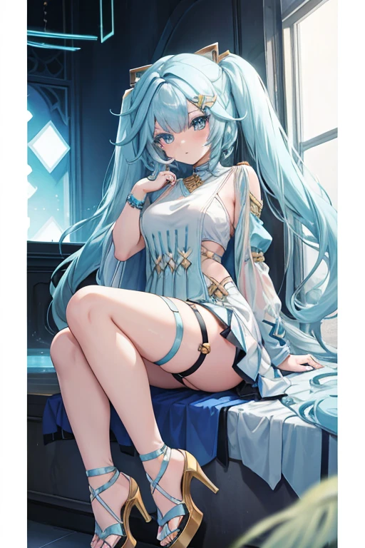 Faruzan light blue hair with long pigtails in sexy light blue stripper platform open toe high heels on the side