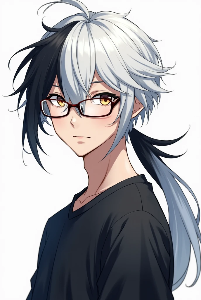 Young man with white hair and black tips and a ponytail and eyes of two different colors and glasses anime version