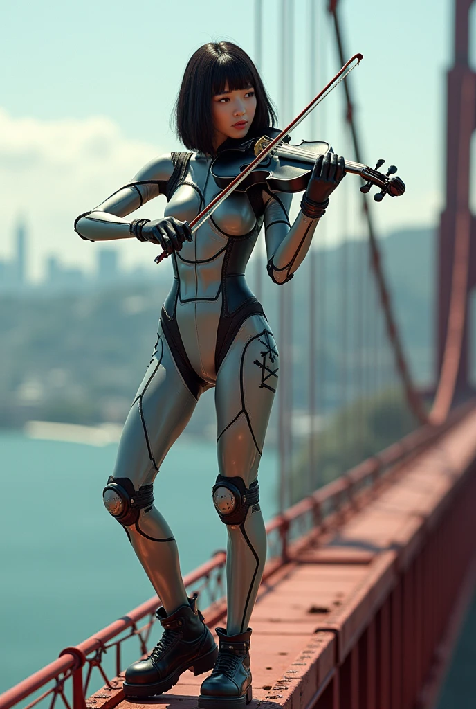 photo-realistic, ultra-realistic, very beautiful Japanese futuristic soldier, boyish girl, extremely muscular, famous Japanese idol, 25 years old, dramatic scene, masterpiece, beautiful eyes, playing the violin at the top of the golden gate bridge, skyscrapers, cyber punk mecha armor suits, dynamic pose, dynamic angle, standing on the dangerous wires