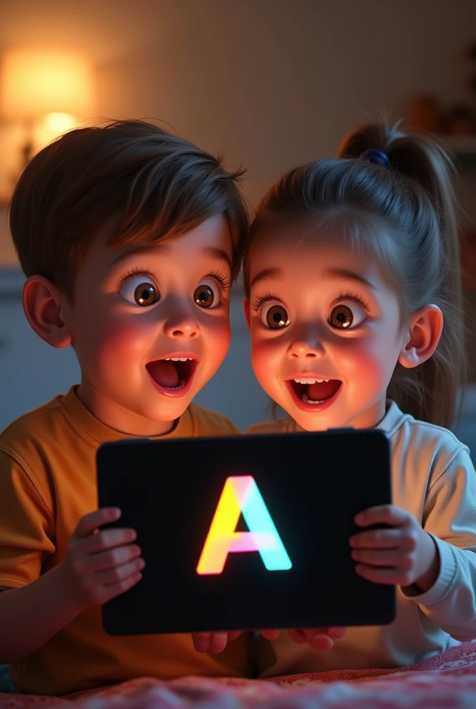 Create a picture in which 2 kids are looking really excited while one is holding a tab in his hand with a Black Screen and Alphabet "A" is Written on it in multi colour.