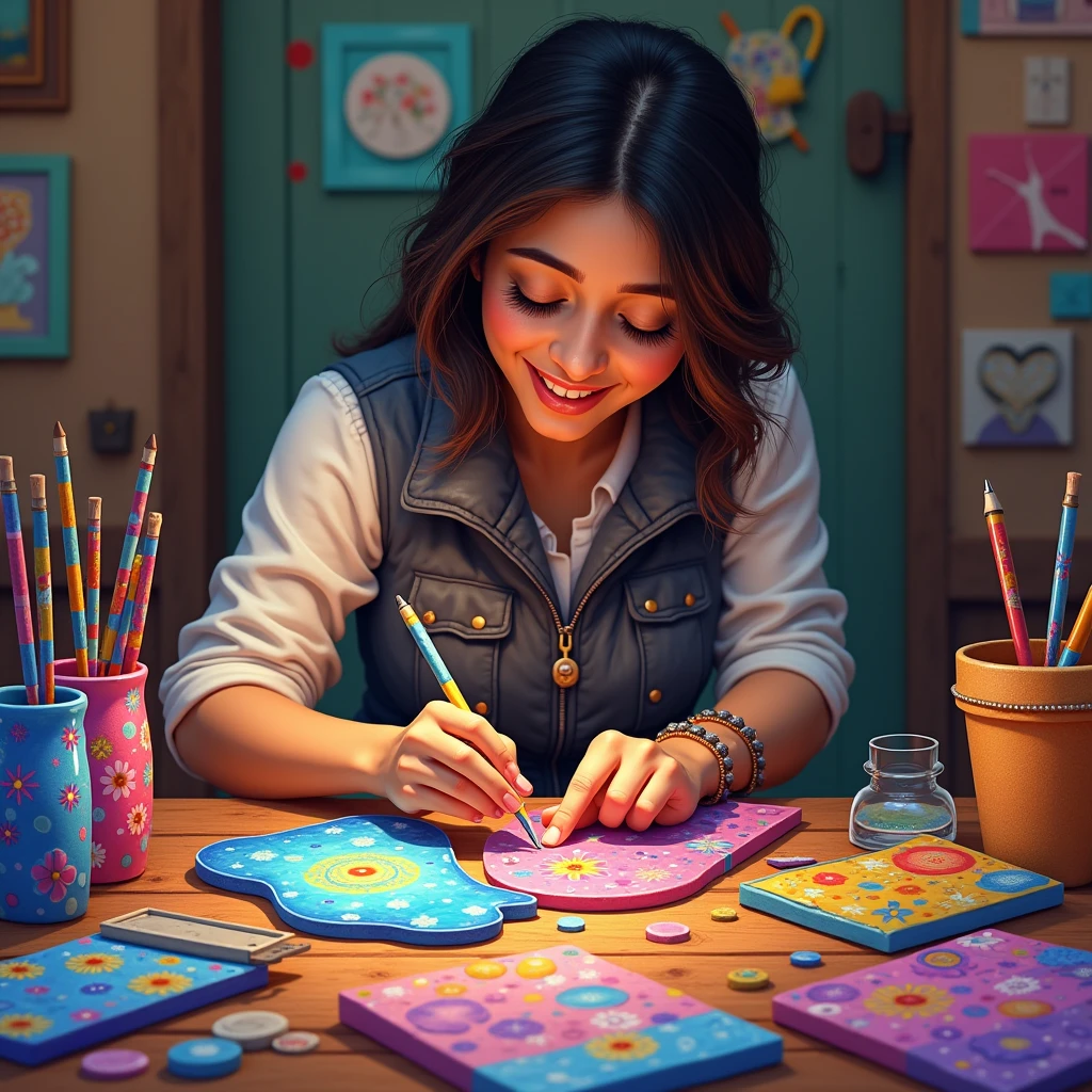 An Argentine woman in a vest creating pieces with resin with a smile on her face, and several pieces created with resins standing out in the scenario, Accessories, pictures, chicaras, pens, notebooks, all made of resin all with vibrant colors, and everywhere with various resin pieces.