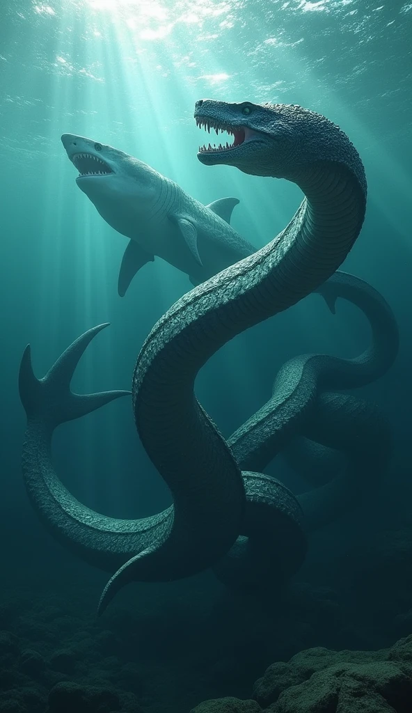 Create hyper realistic image
Size 1080×1920 portrait (9:16)
Prompt: Titanoboa vs megalodon shrink