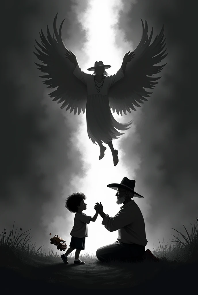 black and white silhouette, 7 year old boy, dark brown curly hair, He has a wooden truck in his hand. He takes his dad&#39;s hand, 70 years old, short hair, cattleman&#39;s hat. Dad begins to levitate towards the sky, dad is an angel. Both are on their backs, dark fantasy