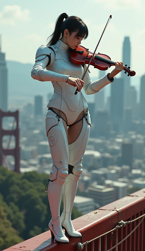 photo-realistic, ultra-realistic, very beautiful Japanese futuristic soldier, boyish girl, extremely muscular, famous Japanese idol, 25 years old, dramatic scene, masterpiece, beautiful eyes, playing the violin at the top of the golden gate bridge, skyscrapers, cyber punk mecha armor suits, dynamic pose, dynamic angle, standing on the dangerous wires