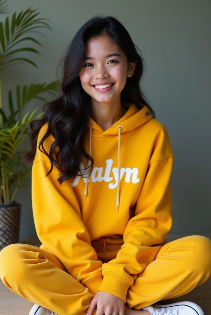 real one pinay women beautiful with hoodies yellow printed name "nalyn" with pants shoes sitting in floor 