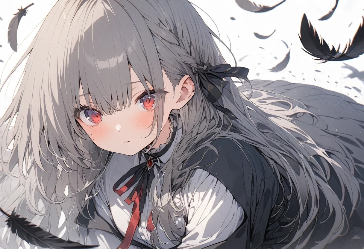 (((anime))) One standing angel,The angel has,Broken Angel Ring,Black,A large, tattered black feather (Gray Hair),Long Hair,Blackの小さなリボン,Red Line (Red eyes), Put on a black coat,The front is free,A worn out dress shirt,Black Ribbon,Navy blue mini skirt White background,Small black feathers scattered all around,Blurred Masterpiece,Highest quality,Exquisite,8k,Absurd,Ultra-fine illustrations,(View your viewers)