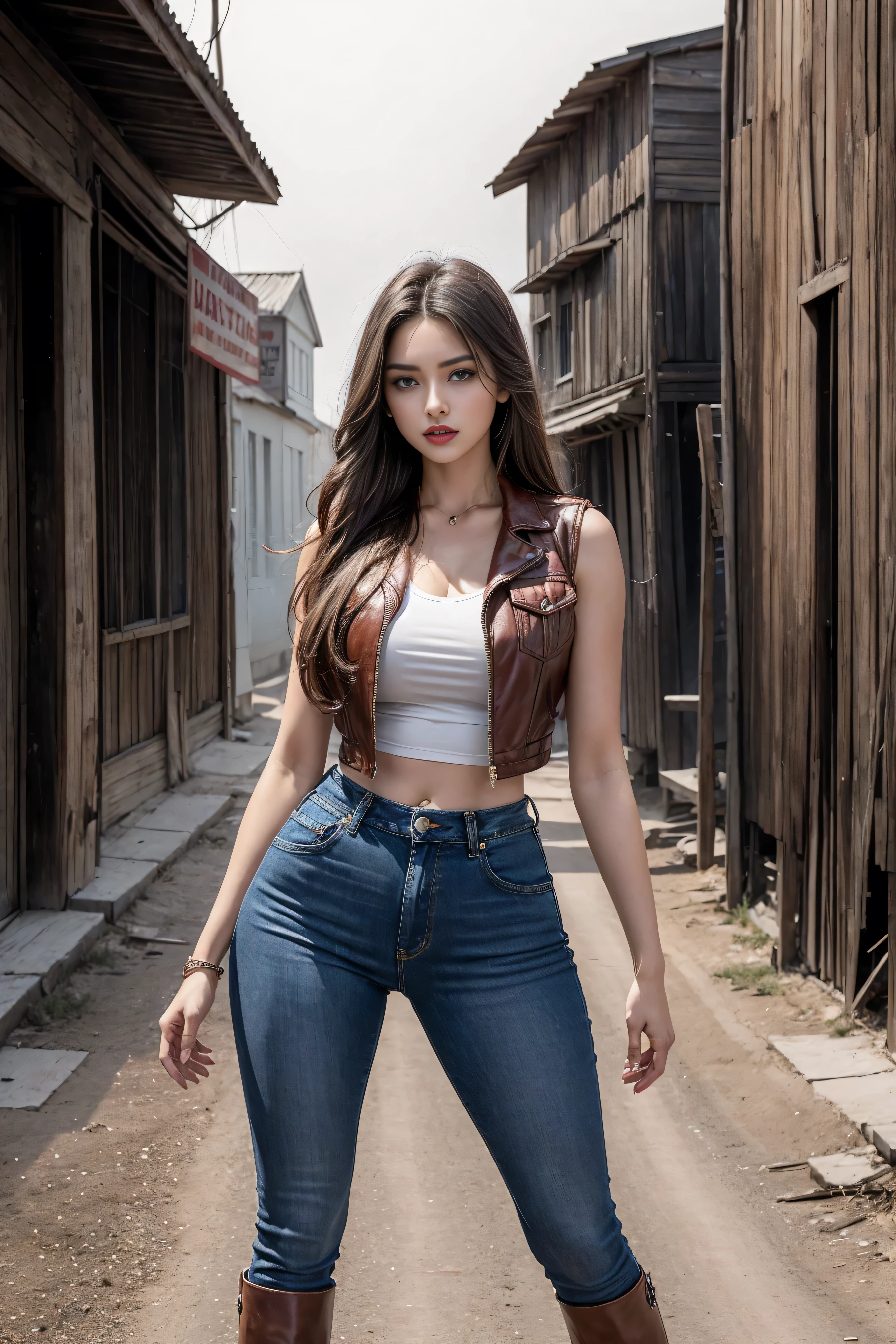 Woman in denim circa 1880s, Brown long straight hair, Brown eyes, High arched eyebrows, Slender and graceful neck, Red lips, Large Breasts, Brown Leather Leggings, Sleeveless Brown Leather Vest, Leather Boots, Walking on the dusty sandy streets of a deserted North American town,The wind blew through her hair, Practical, photoPractical, photoPractical, Fear, Dark atmosphere and dramatic lighting, Deep Red, Foggy environment, Detailed facial expressions, Heavy fog