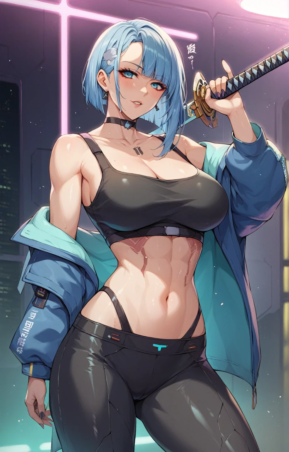 a futuristic female warrior holding a katana, (finely detailed skin), pale skin, (in a deep neckline highly detailed sexy futuristic cyberpunk black crop top and underpants made of circuit boards, japanese words with a flare effect, beautiful epic composition, futuristic, masterpiece, appealing, posing for a photo , Big tits are leaking fluid and pussy is leaking fluid and there's no clothes on and the ground is full of fluid in 