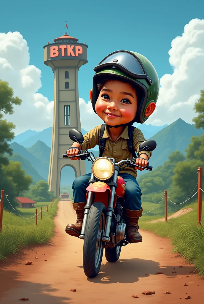 A caricature of a 48-year-old motorcyclist, an authentic Indonesian face, an oval face, wearing a helmet with an open visor, gloves, and boots. Driving on a brown clay road, stylish, the background can be seen the tower at the top end of the tower in the shape of a box with the word "BTKP" written on it, and a beautiful natural view of the mountain, blue sky with white clouds. Riding a dirt bike.