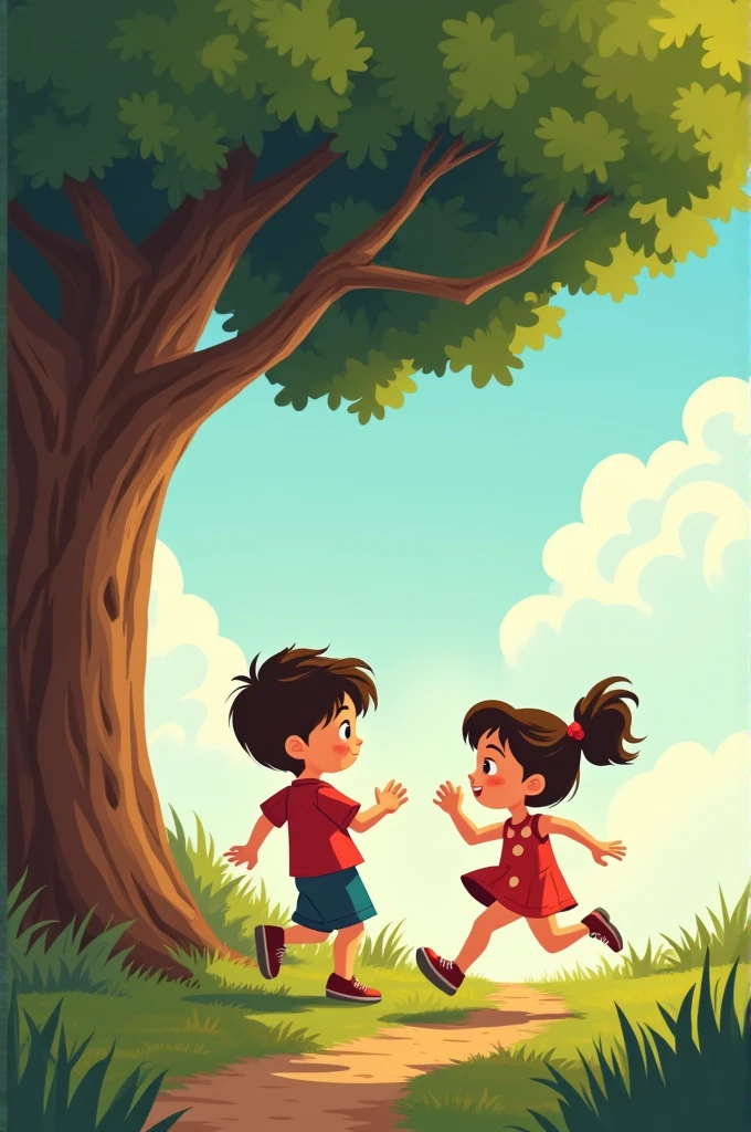 Brother and sister running to a tree cartoon 