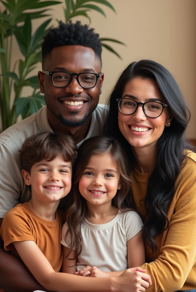 a happy family, with the father being black, with 1,77 little chubby e com oculos, short black hair/Middle, femme/mãe with 1,65 white, with glasses neither thin nor fat, long black hair, son of 1,85 with glasses, offwhite, little chubby, cabelo cortado nas laterais e emcima cabelo Middle preto e filha de 1,77 white and long brown hair chubby