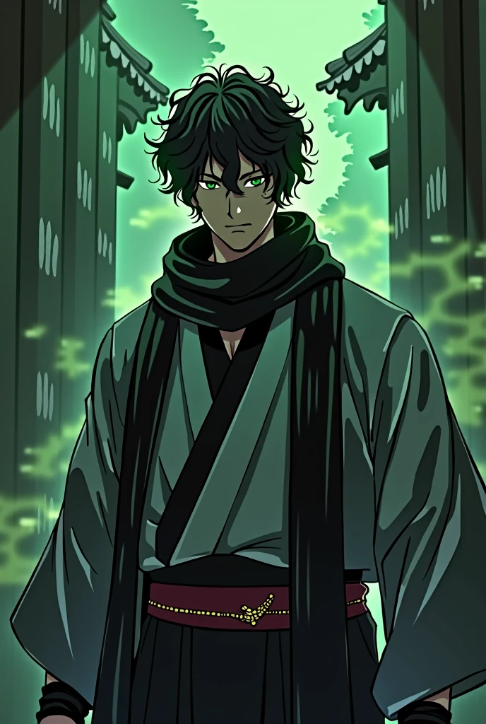 tasiho period Japanese man, dark aesthetic, moody, eerie, aura, menacing, intimidating, mature, overwhelming presence, spiritual pressure, cool guy, stern look, short curly black hair, four green eyes, black scarf, white haori, black undershirt