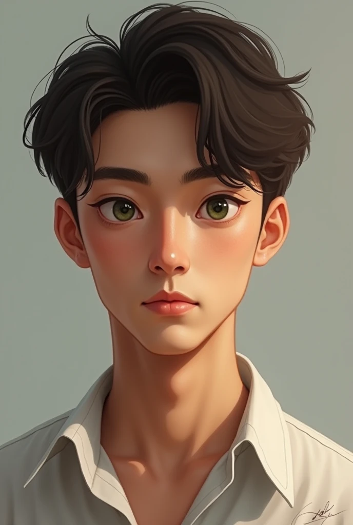 Male Asian, mixed European, brown hair, green eyes, small chin