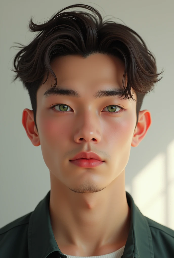 Male Asian, mixed European, brown hair, green eyes, small chin