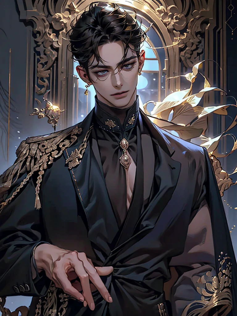 close-up cleavage, Handsome men, golden eyes, (Focus eyes, detail eyes, The eyes are bright), (focus face),(Focus clothing), (Focus gold accessories), Medium long black hair, ear piercings, medium skin, dark blue coat, Meticulous suit, gold accessories on clothes, dark blue ties (perfect anatomia:1.2), Highqualityshadow, lighting, (White highlights), (starrysky), (shining), enchanted, serious, small smirk 