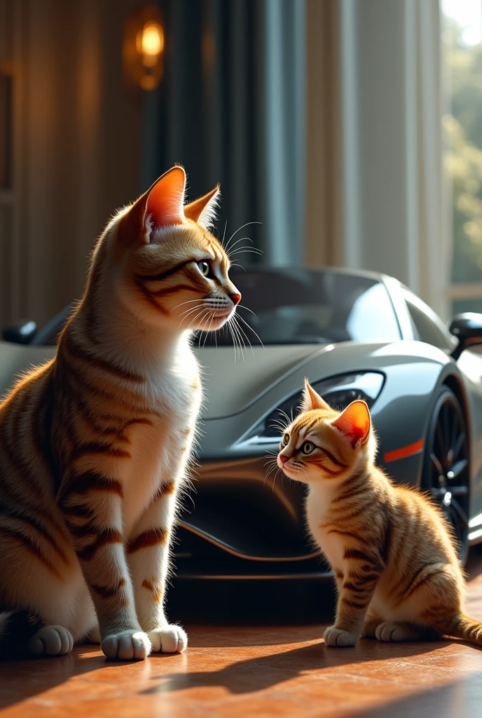 Give me a cat that is handsome and serious and behind him a cat that has a sports car
