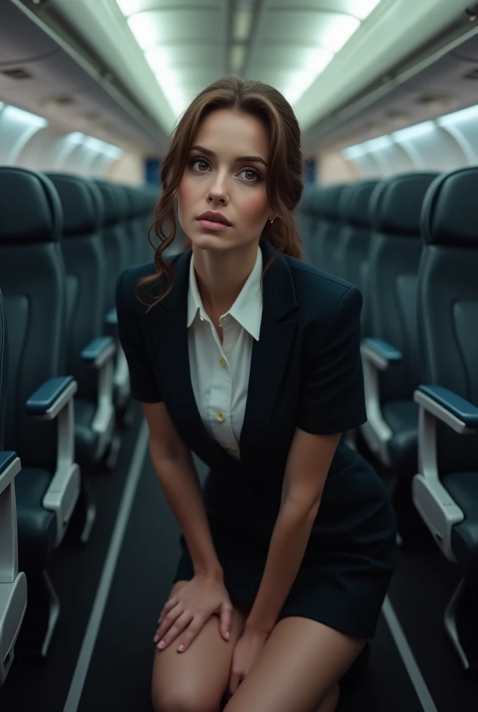 Very beautiful stewardess, Kneeling and looking up at the camera, In-flight