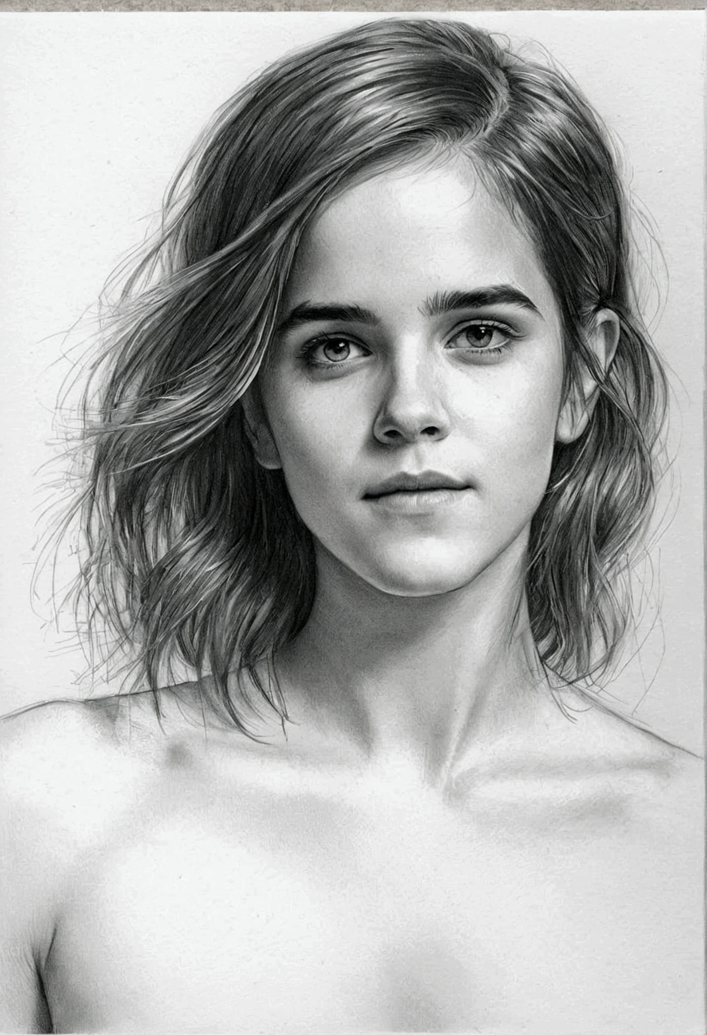 A delicate, graphite sketch portrays, a nude beautiful young Emma Watson, medium firm breasts, round and firm nipples, without background, her features rendered in subtle shading and precise lines. The framing is tight, focusing attention on the subject's serene face. Soft, feathery strokes convey the gentle texture of her hair, 