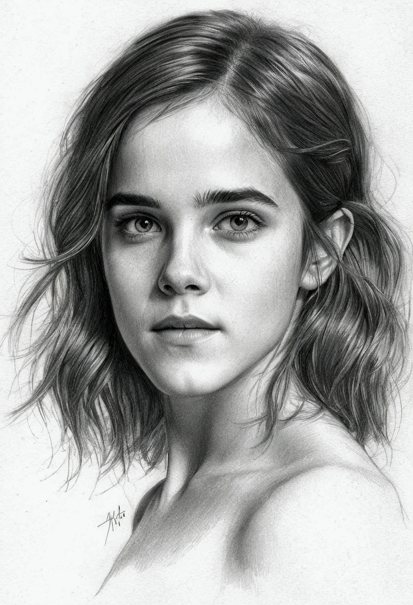 A delicate, graphite sketch portrays, a nude beautiful young Emma Watson, medium firm breasts, round and firm nipples, without background, her features rendered in subtle shading and precise lines. The framing is tight, focusing attention on the subject's serene face. Soft, feathery strokes convey the gentle texture of her hair, 