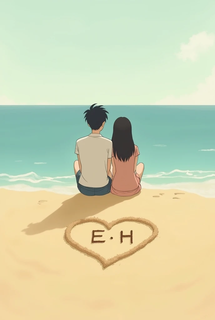 Style anime Ghibli!!! couple (man and woman) of young people in love sitting on the seashore, view from behind, serene sky, in the sand a heart drawn with initial letters marked in the sand "E" and "H" in the middle of the heart
