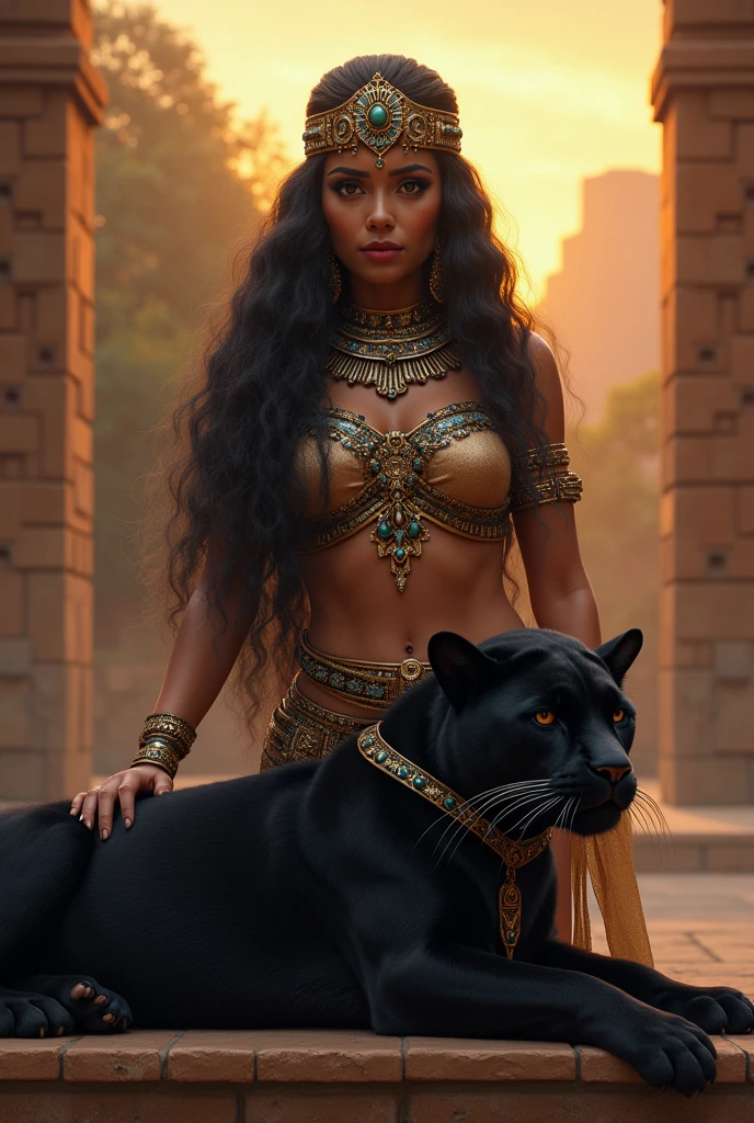 Beautiful Aztec queen, big breasts, Wide hips, black hair curled at the ends; dressed in her ceremonial attire, a tiara on her head of jade and obsidian; next to her a beautiful black panther, lying on her body with marked muscles; The woman is in the middle of a pre-Hispanic square at dusk, surrounded by a divine aura and a warm light; masterpiece