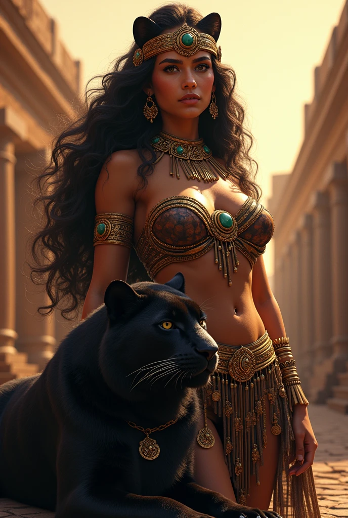 Beautiful Aztec queen, big breasts, Wide hips, black hair curled at the ends; dressed in her ceremonial attire, a tiara on her head of jade and obsidian; next to her a beautiful black panther, lying on her body with marked muscles; The woman is in the middle of a pre-Hispanic square at dusk, surrounded by a divine aura and a warm light; masterpiece