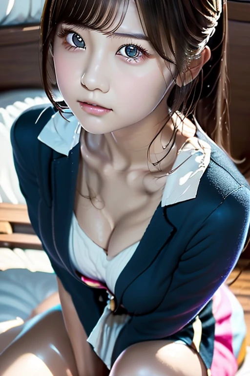 Japanese, female, 23 years old, chubby face, idol-like, strong-willed face, clothes colorful and cute, hair a little brown, hair tied at the back, bright expression, from the top of the head to the chest Her body is chubby, her chest is not visible, her eyes are black, and she faces from the front, realistic and realistic.