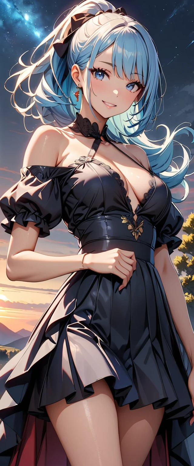 (Highest quality:1.2, Attention to detail, masterpiece:1.2, Best aesthetics), (1 person), Cowboy Shot, (Light blue hair, ponytail, Asymmetrical bangs, Bright Blue Eyes), 美しいAttention to detail目, Beautiful lip detail, Highly detailed face, Detailed Fashion, elegant, luxury, High quality fabric, Shine, Shine, smile, Random Pause, Dutch Angle, wilderness, night, Dramatic lighting, Cinematic, Bright colors, Intricate details, Chiaroscuro lighting, White off-the-shoulder dress