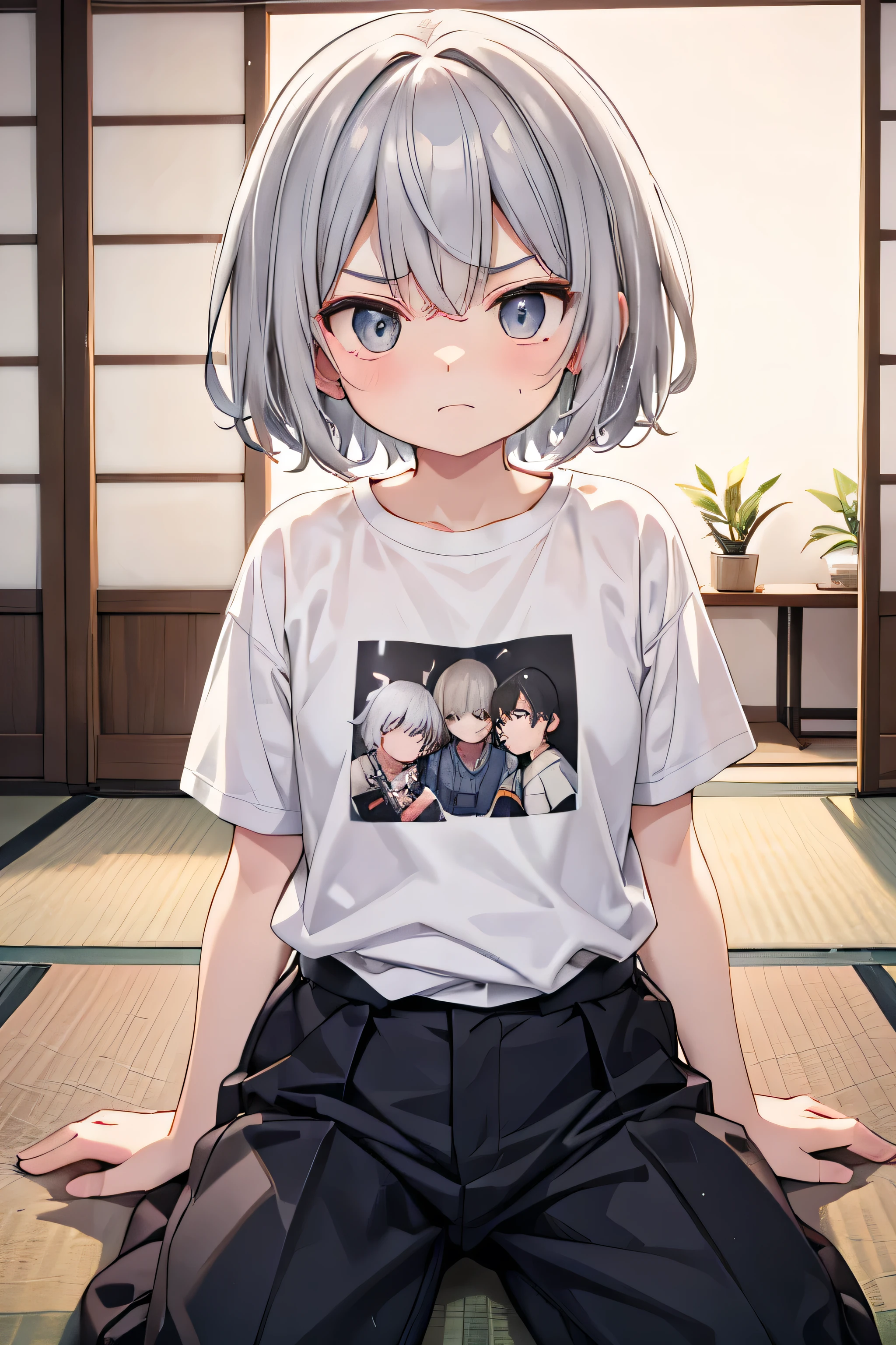 In the summer daytime, in a Japanese-style room,detailed background,beautiful background,BREAK he is sitting on tatami,
BREAK
A old male,Short Hair,Gray Hair,grandfather,T shirts,black pants,Tsundere,
BREAK he folds his arms, with wrinkles between his brows. angry face,An aura of anger (emanating:1.5) rises from his body. break masterpiece,best quality,super detailed,super fine illustration,8k,cute,