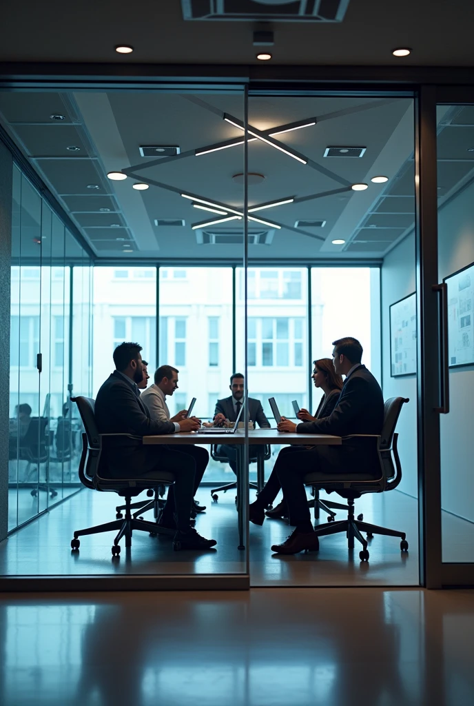 A modern meeting room with glass walls, allowing you to see the office environment with employees working. Transparency in design symbolizes transparency in management.