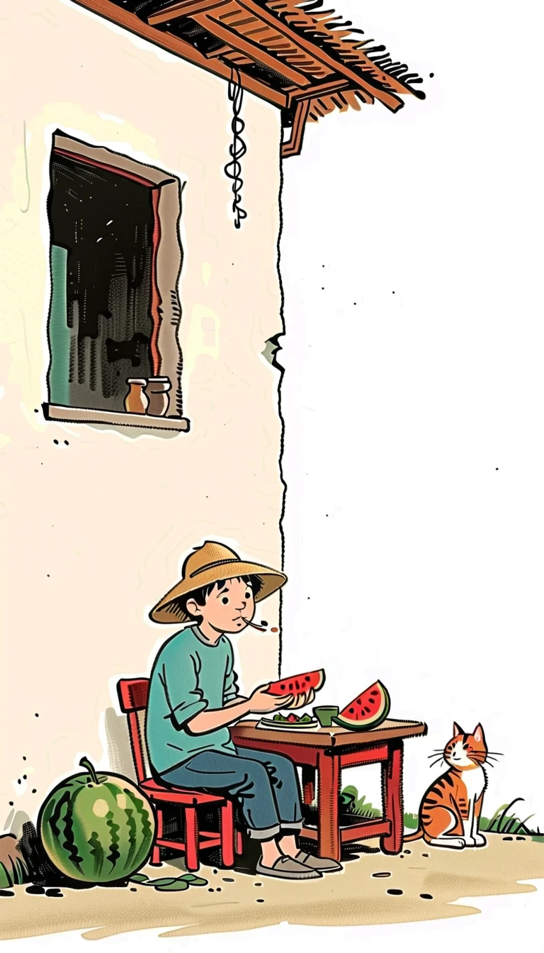 (((Negative Space:2，far away，Corner close-up，Large area of blank:2))).An old man wearing a straw hat sitting under a thatched roof eating watermelon,A tabby cat sitting beside. Simple lines,Flat shading,Featuring a Chinese-style cartoon character (Predominantly White Background:2),(Large area of blank),,Simple background,(Large area of blank）