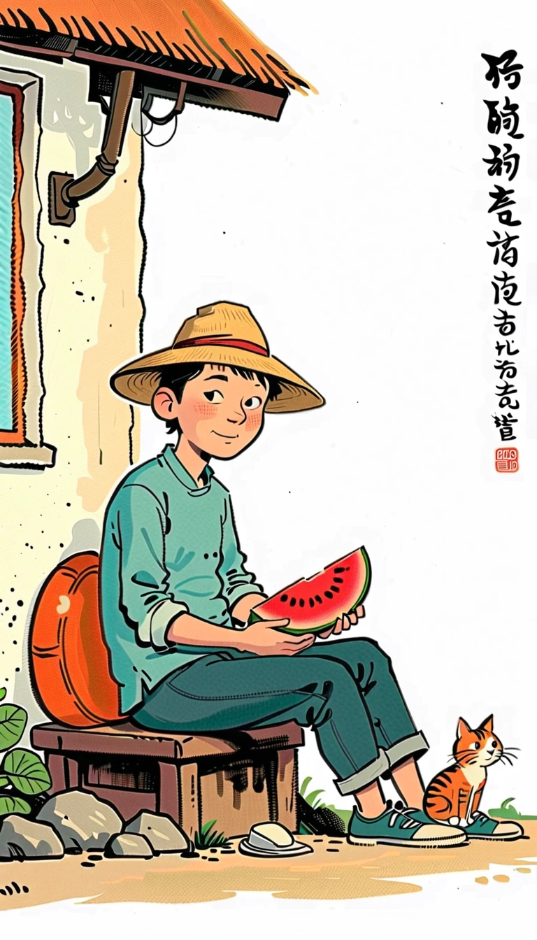 (((Negative Space:2，far away，Corner close-up，Large area of blank:2))).An old man wearing a straw hat sitting under a thatched roof eating watermelon,A tabby cat sitting beside. Simple lines,Flat shading,Featuring a Chinese-style cartoon character (Predominantly White Background:2),(Large area of blank),,Simple background,(Large area of blank）