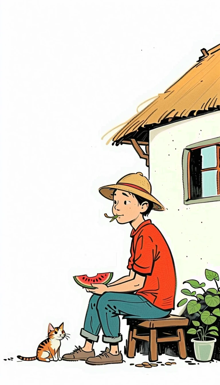 (((Negative Space:2，far away，Corner close-up，Large area of blank:2))).An old man wearing a straw hat sitting under a thatched roof eating watermelon,A tabby cat sitting beside. Simple lines,Flat shading,Featuring a Chinese-style cartoon character (Predominantly White Background:2),(Large area of blank),,Simple background,(Large area of blank）