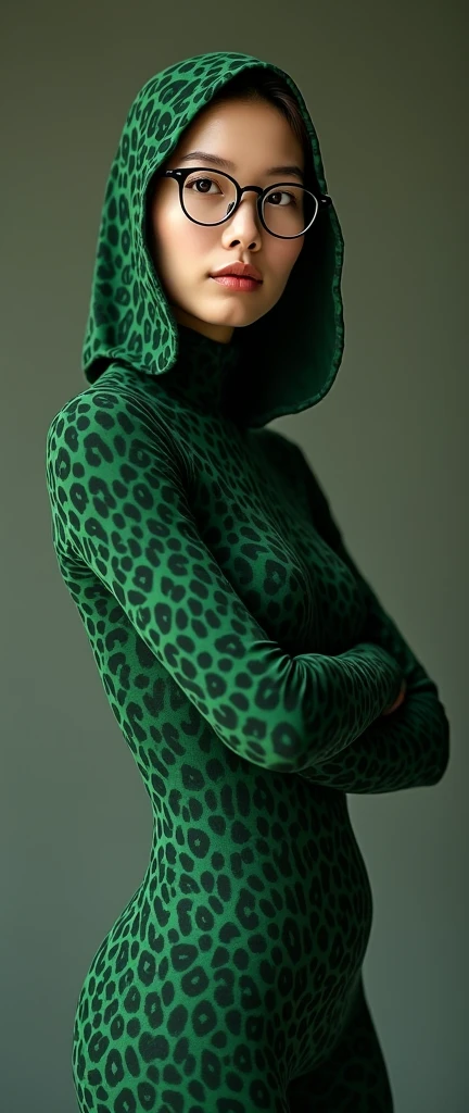 a most beautiful and thin 32 years old chinese contortion woman is wearing a pair of glasses wears green leopard lycra footed turtleneck unitard catsuit.She always wear green leopard unitard hijab-like hood.She is the most beautiful and has beautiful cheeks.
