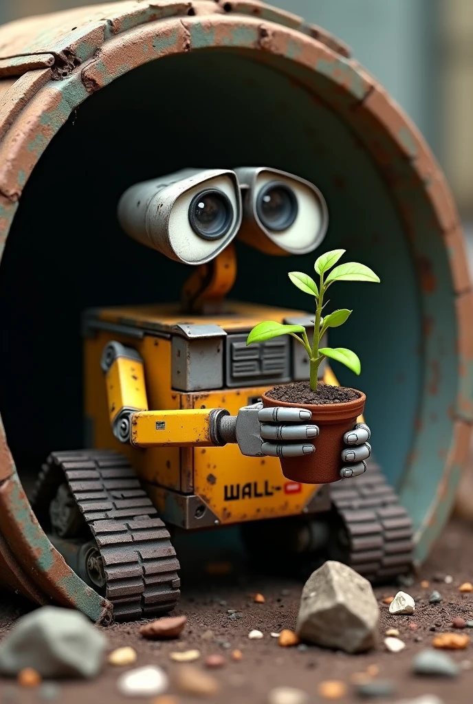 Generate an image of Wall-E inside the dumpster picking up a plant without the pot, holding the plant with both hands but without the pot, a three-branch plant