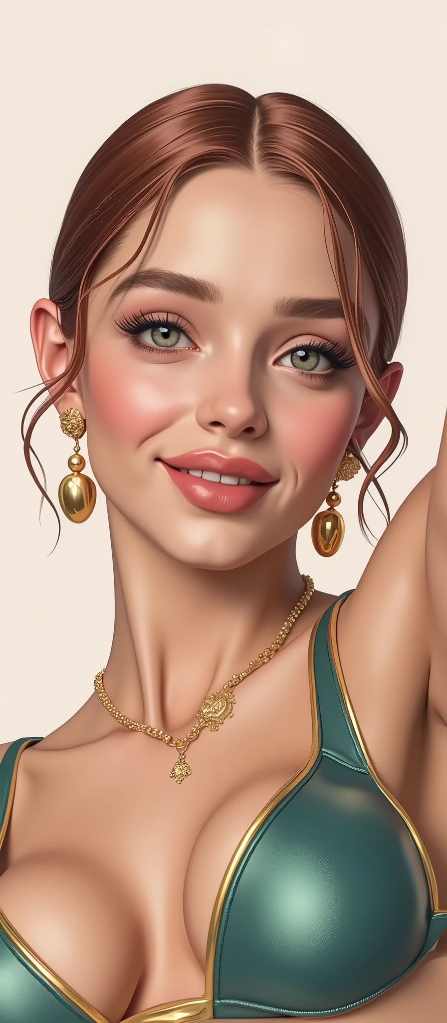 a woman with red hair, hyper-realistic skin, shiny/glossy, modern jewelry, gongbi, portraiture, dark teal and light gold, tropical landscapes, Face portrait photo oF a 21 Year-old German woman, .raw, beautiFul woman, half strawberry lips, strawberry lipstick, Fossettes, big breast, realistic legs, high heels, nostalgic look, detailed light brown eyes, great student, thin eyelashes, (Brown extra long blond hair), ((detailed Face)), ((detailed Facial Features and skin texture)), (Finely detailed skin), light brown skin, (Deep neckline detailing high-tech cyberpunk dress), Cyberpunk big city environment, (cold colors), moist, moist, reFlections, (masterpiece) (height ratio / perfect width) (photo realist) (best quality) (detailed) Shot with Canon EOS R5, ObjectiF 50mm, F/2.8, human development report, (8k) (wallpaper) (light) (Dramatic Light) (sharp focus) (complicated), sharp details, skin detail sharpness, 