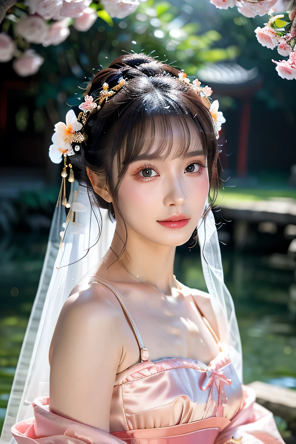 (masterpiece,best quality:1.4),(8k,raw photo,photo realistic:1.2),shiny skin,detailed skin,detailed face,detailed eyes,1girl,Japanese idol,beautiful face,(Shining Eyes:1.3),Gentle calm eyes、Symmetrical eyes、Fairy、Mysterious sheer costume、Great background、Great location、Outstanding proportions、Mysterious and sexy face、Chinese fantasy historical drama、Peach blossoms bloom in Kamiyama,Shangri-La