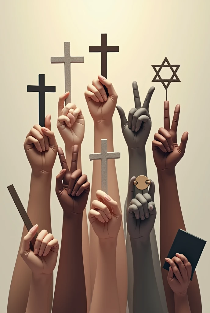 Allusive Image: An image depicting several hands of different skin tones holding religious and philosophical symbols, like a cross, a half moon, a star of David, a symbol of yin and yang, and a book, symbolizing the diversity of beliefs and unity in respect for freedom of conscience.