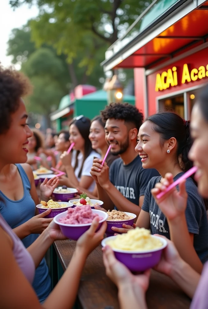 customers in front of the açaí trailer ,eating acai , ultra HD, high qualiy, best qualityer, high resolution, 8k, 16k perfection in the details