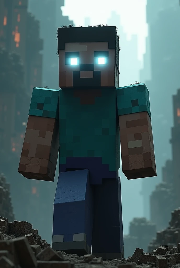 Steve from Minecraft with glowing white eyes dadass