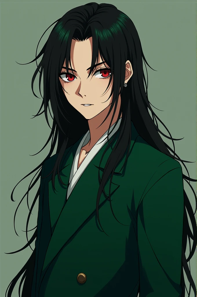 Boy's long, straight hair, jet black, which he usually wears loose and cascades down his back. His right eye is a deep red, which is a distinctive and enigmatic feature, while the right eye is dark brown. An attractive face with defined features, with a facial structure that is both delicate and firm. Tall and with a slim but athletic build, with an imposing presence that stands out in any environment, wearing a Japanese-style suit of green similar to emeralds.