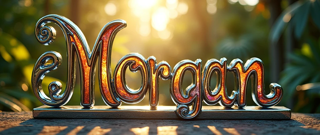 (text:"ArtbyMorganCMorgan") The word, straight view sunlit text face, in Art Nouveau fancy thin script style, shiny highly polished silver chrome and thin coloured glass reflecting a tropical garden, heavy metal art nouveau flowing shapes and flourishes, front face view on open background, logo, badge, emblem, insignia, label, photorealistic, extremely detailed, beautiful, unique, epic, creative, artistic, artisan, expert, finesse,