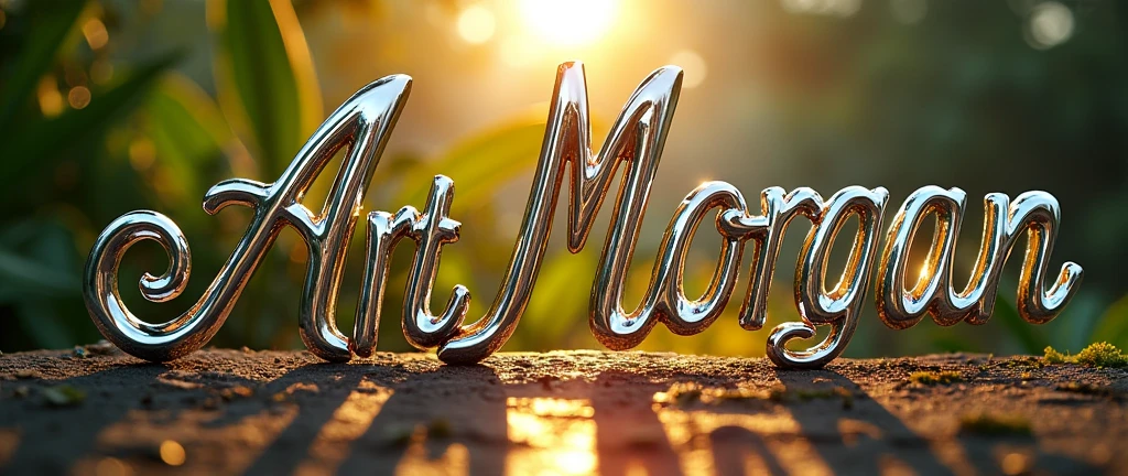 (text:"ArtbyMorganCMorgan") The word, straight view sunlit text face, in Art Nouveau fancy thin script style, shiny highly polished silver chrome and thin coloured glass reflecting a tropical garden, heavy metal art nouveau flowing shapes and flourishes, front face view on open background, logo, badge, emblem, insignia, label, photorealistic, extremely detailed, beautiful, unique, epic, creative, artistic, artisan, expert, finesse,